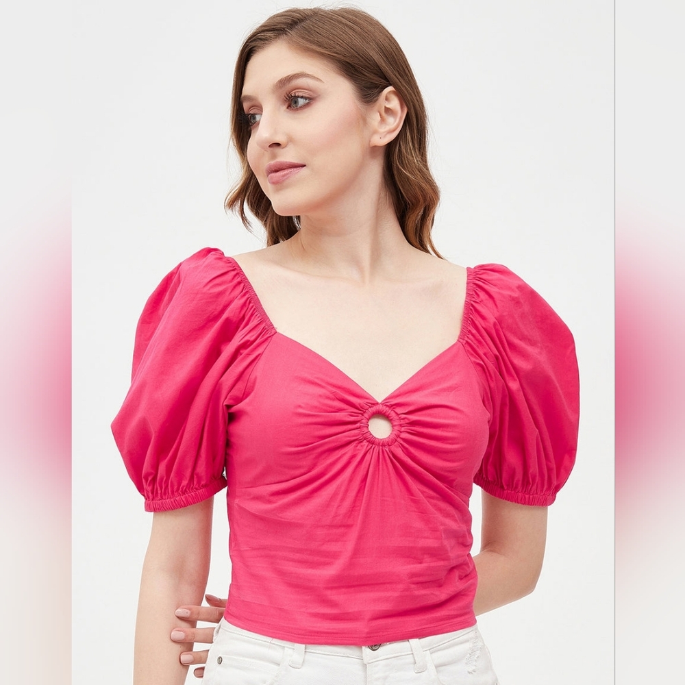 NWT Sim And Sam Salmon Colored Poplin Keyhole Puff Sleeve Top Size MD
